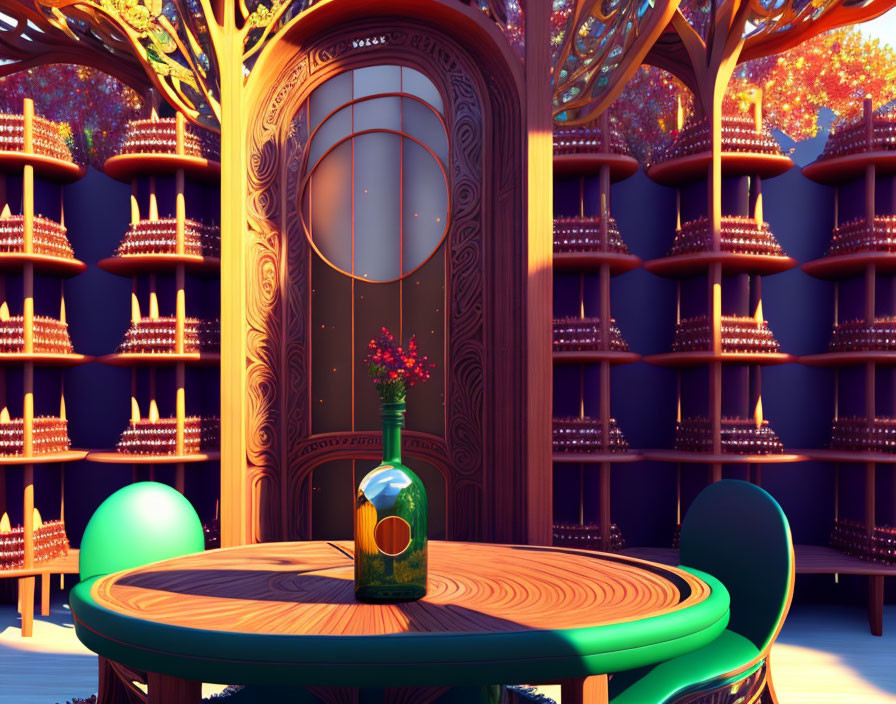 Whimsical 3D Rendered Library with Ornate Shelves and Glowing Trees