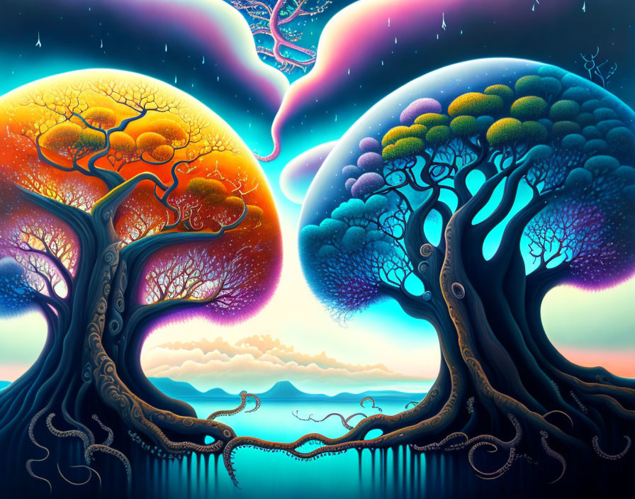 Colorful Trees with Intertwined Roots in Surreal Landscape