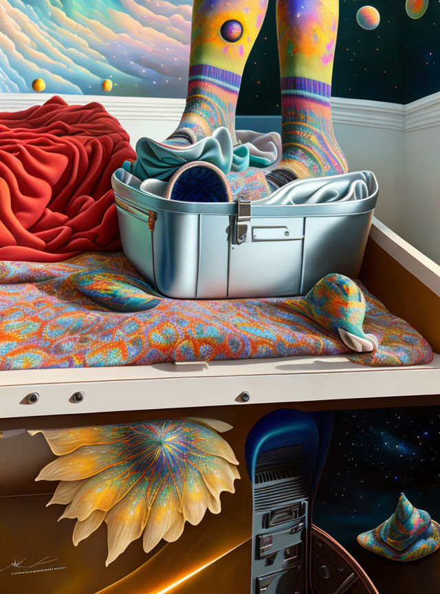 Colorful Sock-Clad Feet in Briefcase Drawer with Cosmic Planets and Vibrant Shell