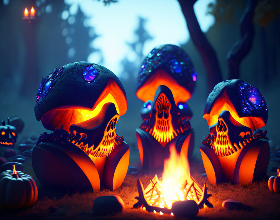 Three Skull-Faced Jack-o'-Lanterns in Spooky Forest Setting