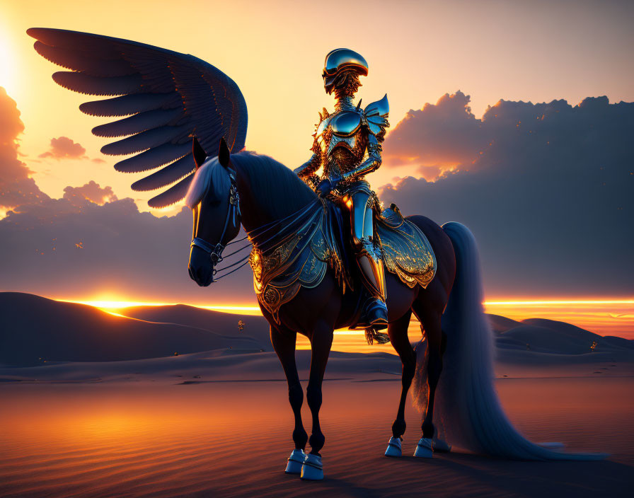 Winged horse and armored rider in desert sunset with golden light