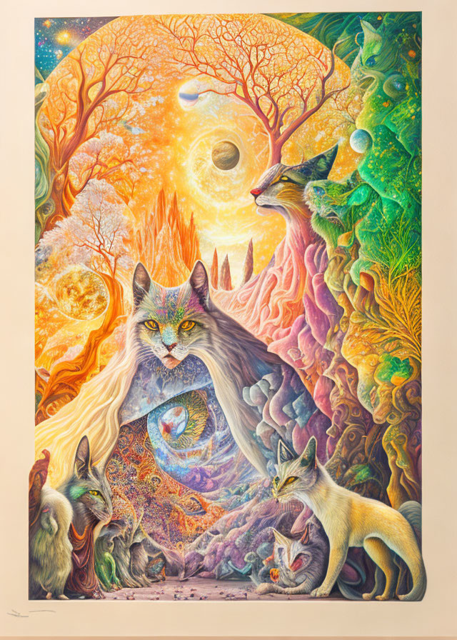 Surreal artwork: ethereal trees, celestial bodies, large cat, smaller felines