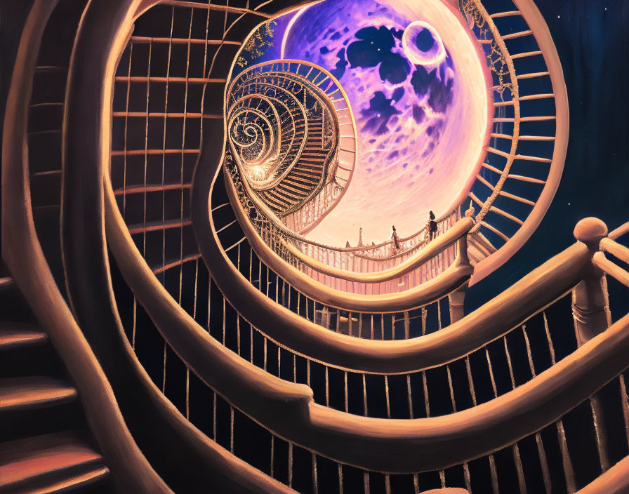 Surreal painting: Infinite spiraling staircase to mystical moon