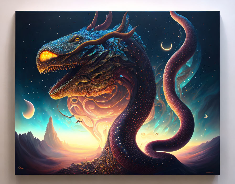 Majestic dragon digital art with celestial sky