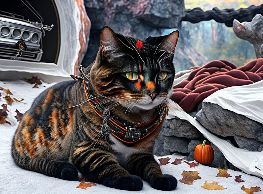 Digital artwork: Cat with green eyes in harness beside fall leaves, spaceship and alien landscape.