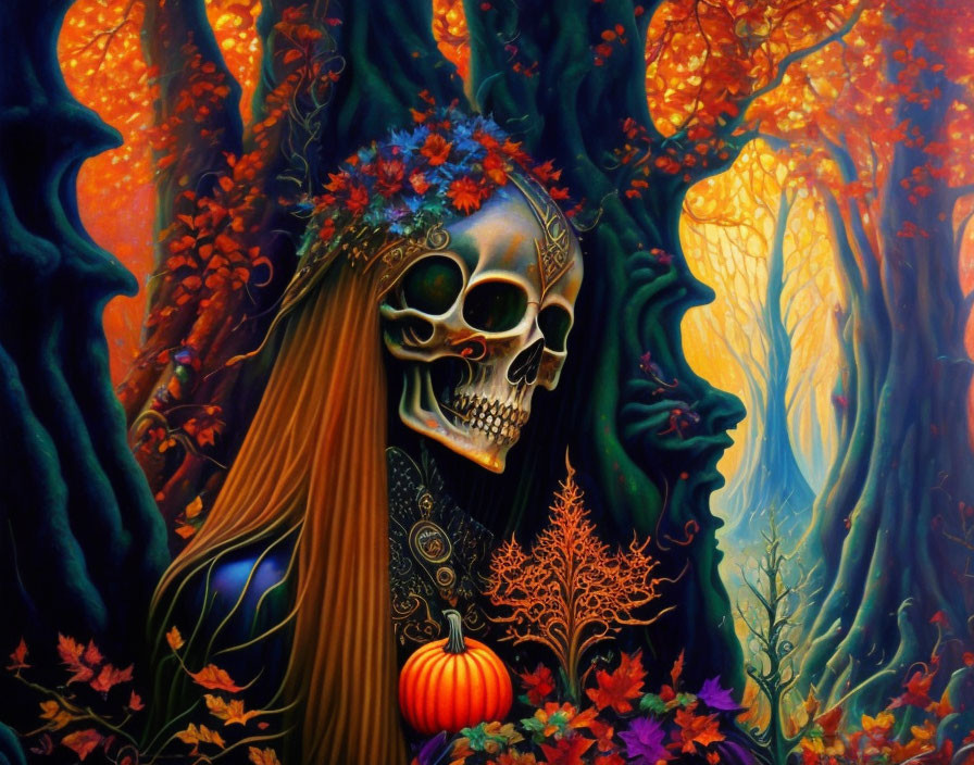 Colorful skeletal figure in autumn forest with pumpkin & floral wreath