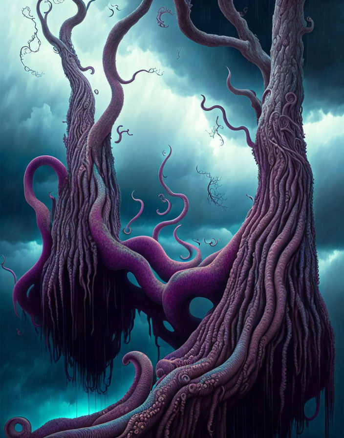 Surreal tentacle-like trees in purple hue under stormy sky