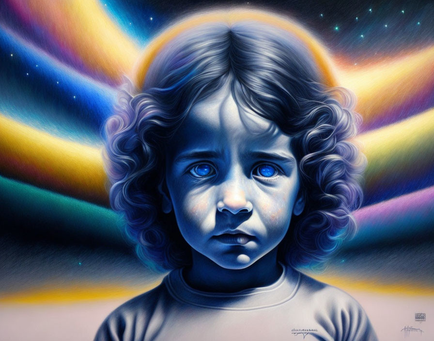 Colorful Illustration of Child with Curly Hair in Cosmic Background