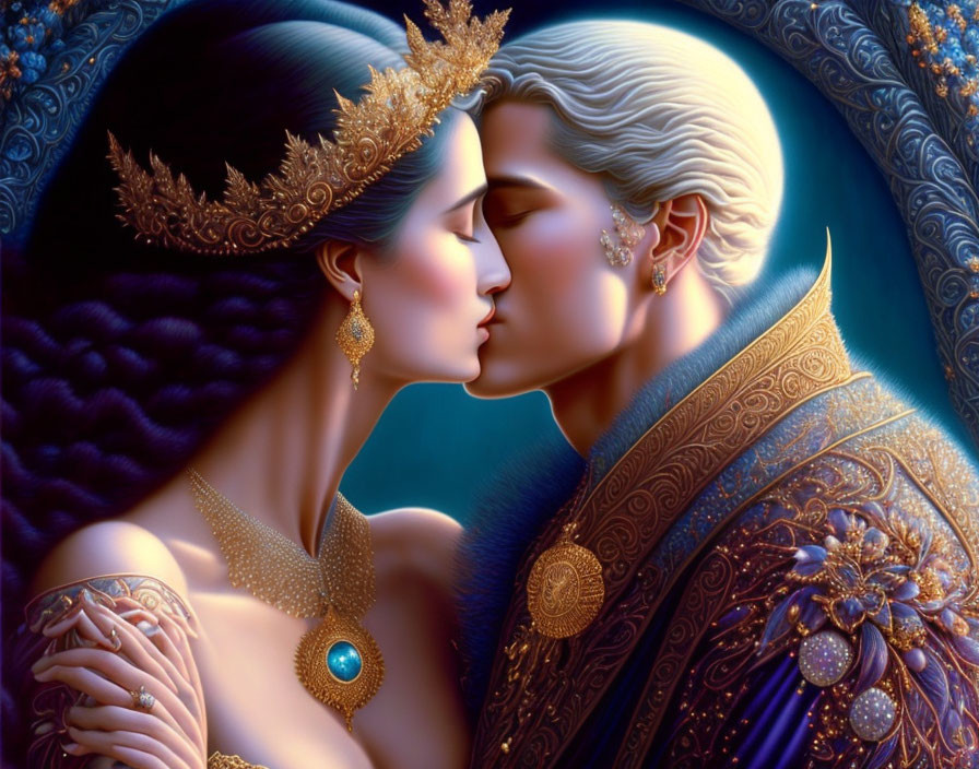 Romantic digital artwork of man and woman in regal attire