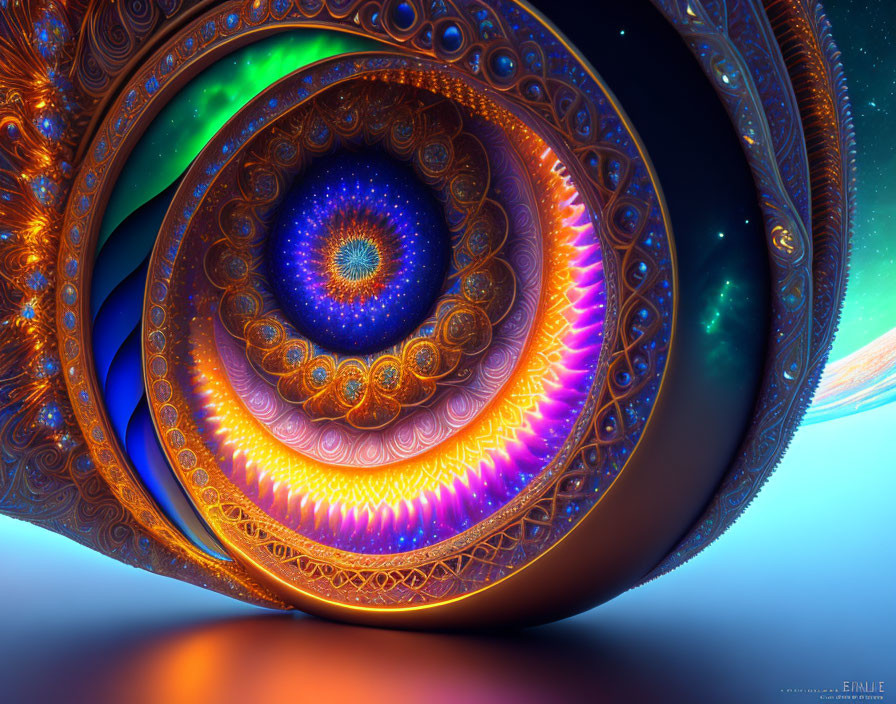 Colorful fractal art: intricate swirling patterns in blue, orange, and green hues