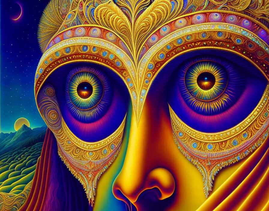 Colorful psychedelic face illustration with intricate patterns and large eyes on rolling hills backdrop.