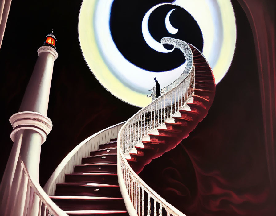 Person ascending spiral staircase toward crescent moon, lighthouse, swirling sky