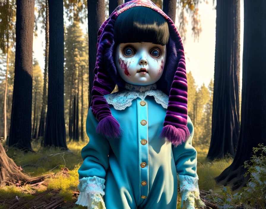 Altered doll with large eyes and smeared makeup in forest setting