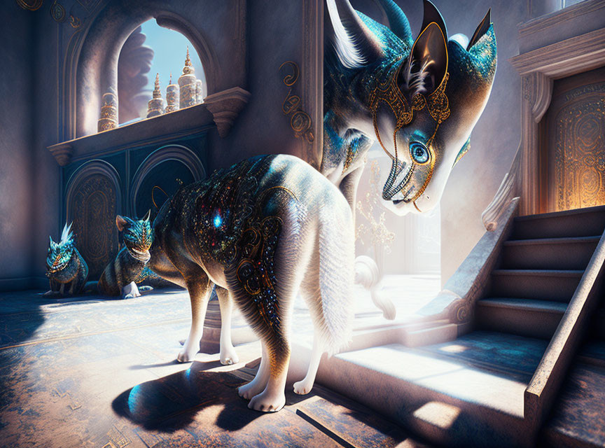 Ornate celestial cat-like creatures in opulent sunlit room