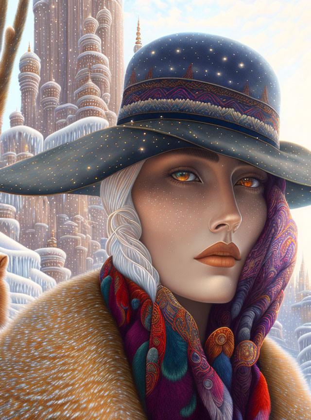 Digital artwork featuring woman with cosmic hat and futuristic towers