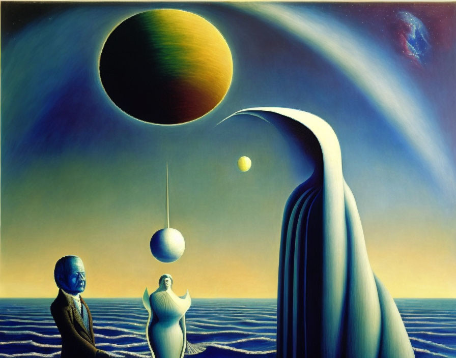 Surreal painting with cloaked figures under celestial sky