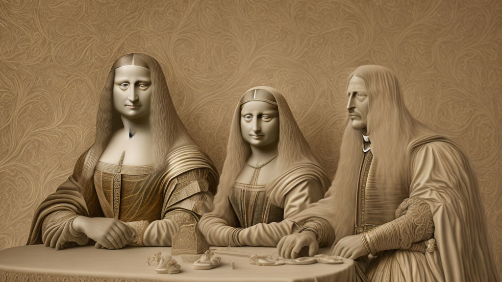 Monochrome sculptures of Mona Lisa at table with floral background