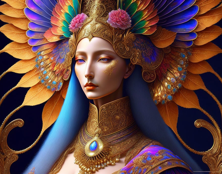 Regal figure with blue hair and golden headdress in detailed illustration