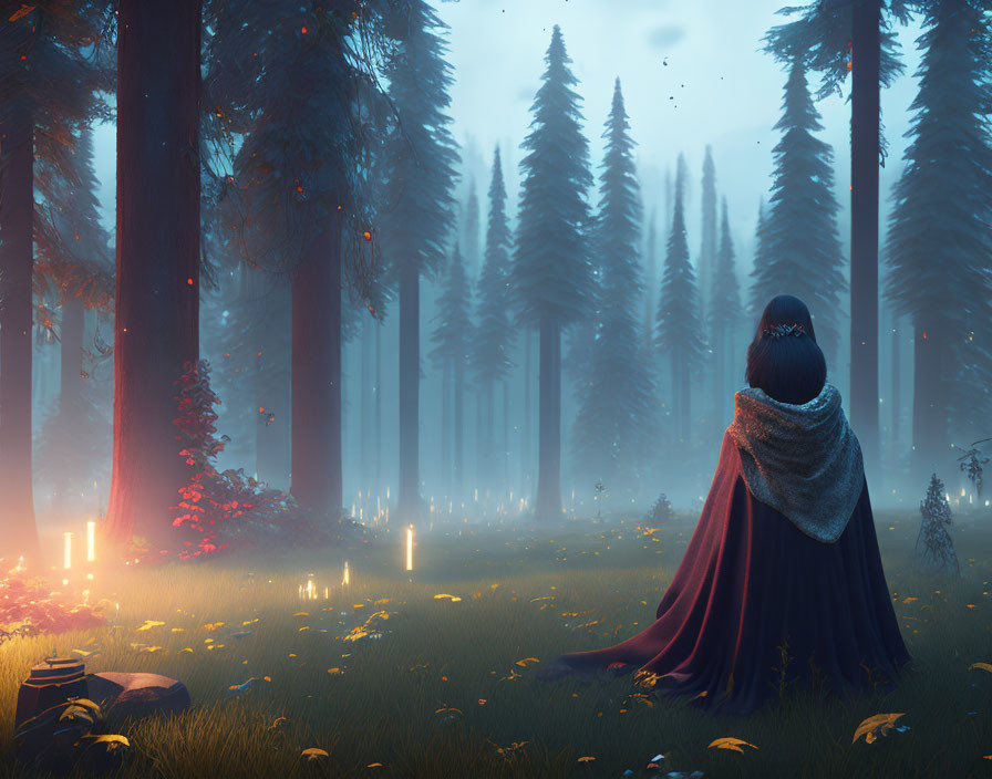 Mystical forest scene with cloaked figure and glowing candles