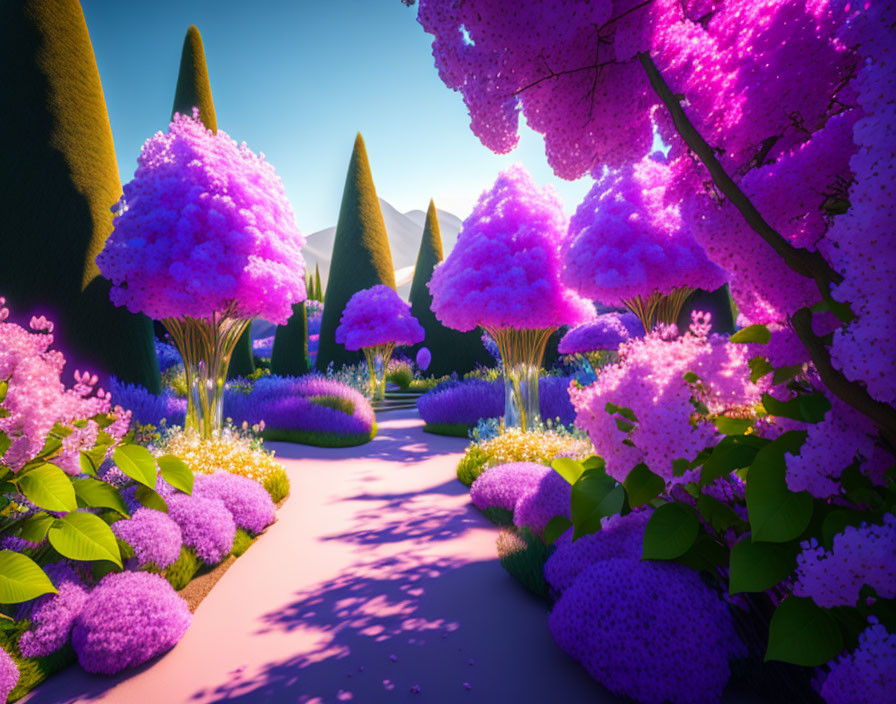 Colorful stylized garden with pink and purple trees and round shrubs.