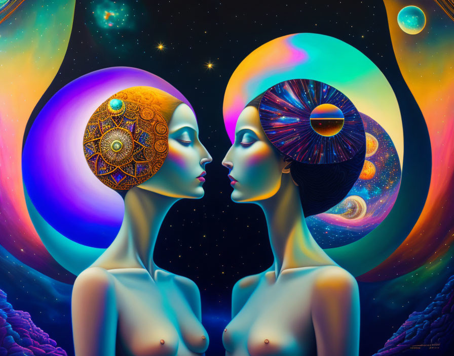 Stylized figures with cosmic headpieces in surreal space setting