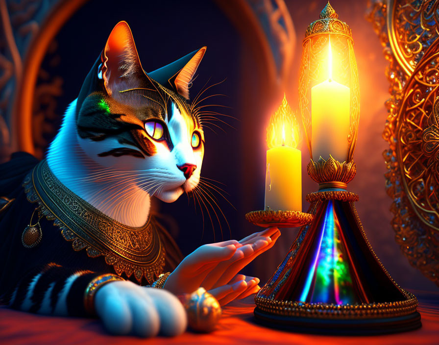 Anthropomorphic cat in ornate attire with lit candle in mystical setting