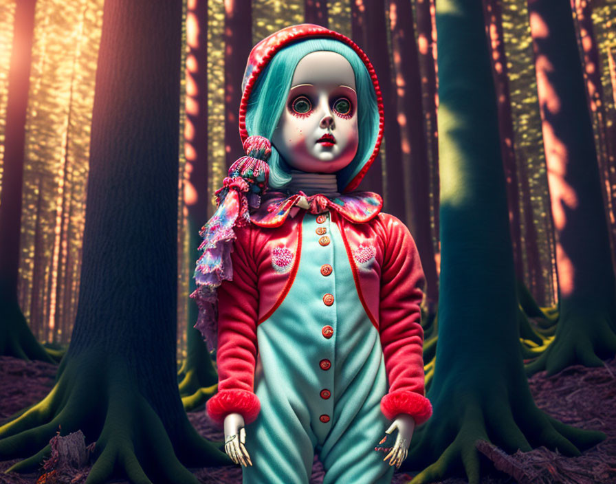 Porcelain doll in colorful onesie and hood in sunlit forest