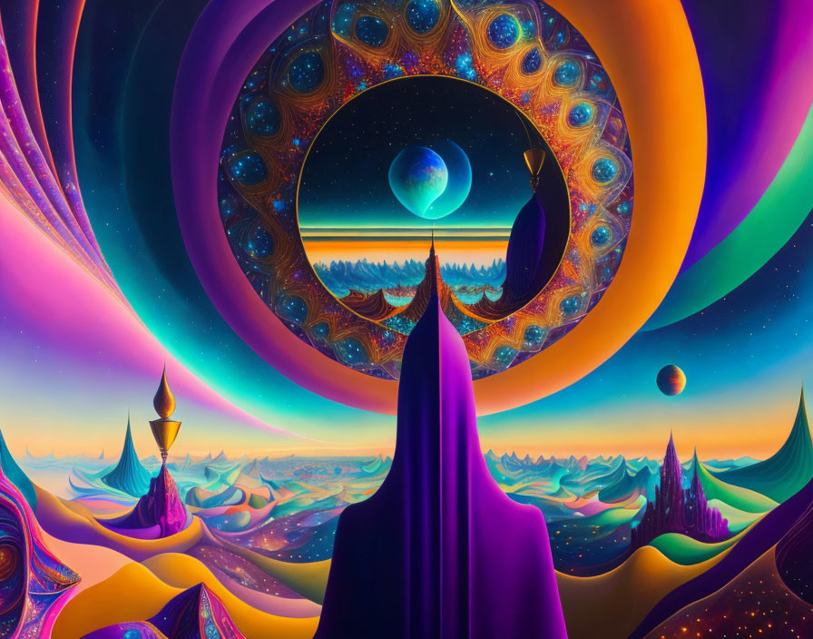 Colorful Psychedelic Landscape with Floating Islands and Surreal Mountain Peaks