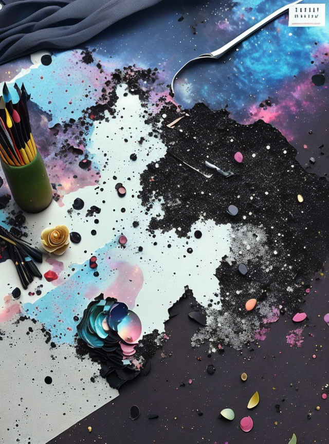 Colorful Colored Pencils and Paintbrush in Galaxy-themed Flat Lay