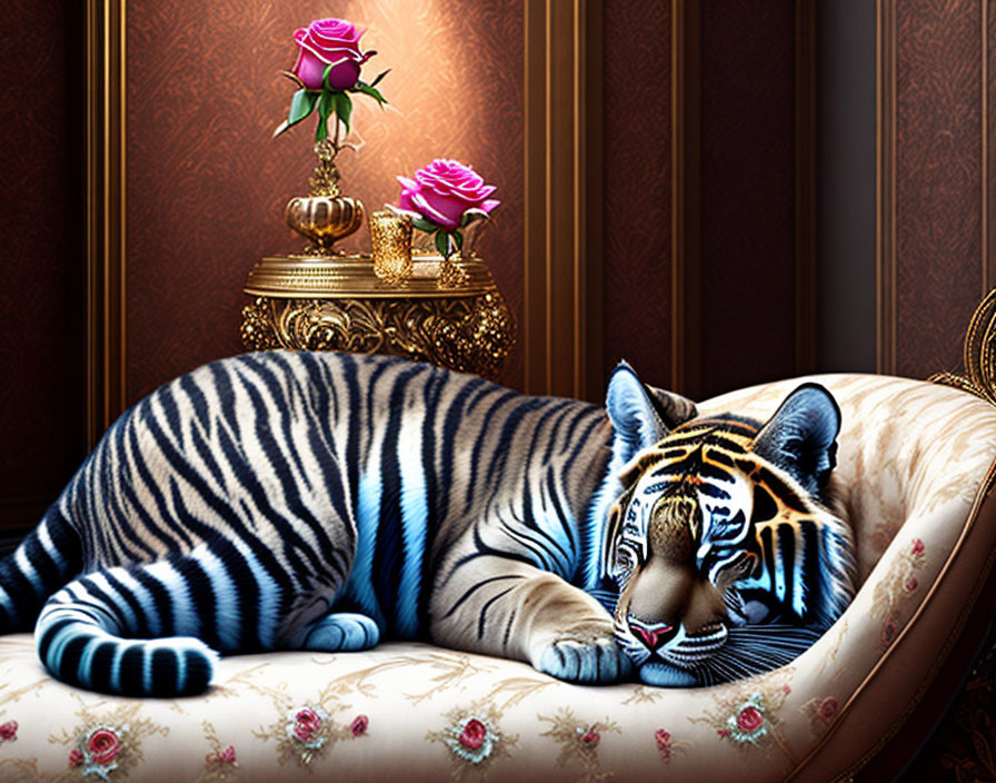 Blue-striped Tiger Relaxing on Floral Chaise with Pink Roses