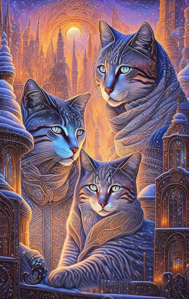 Three cats with celestial blue eyes against fantasy cityscape & starry night sky