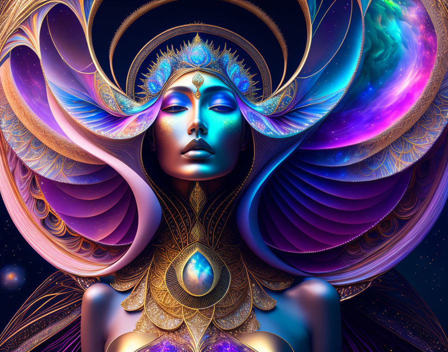 Colorful digital artwork: Woman with cosmic headdress in blues, purples, and gold tones