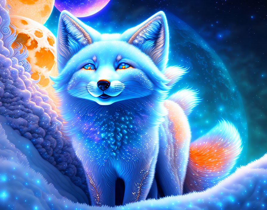 Colorful Cosmic Fox Artwork with Glowing Blue Coat