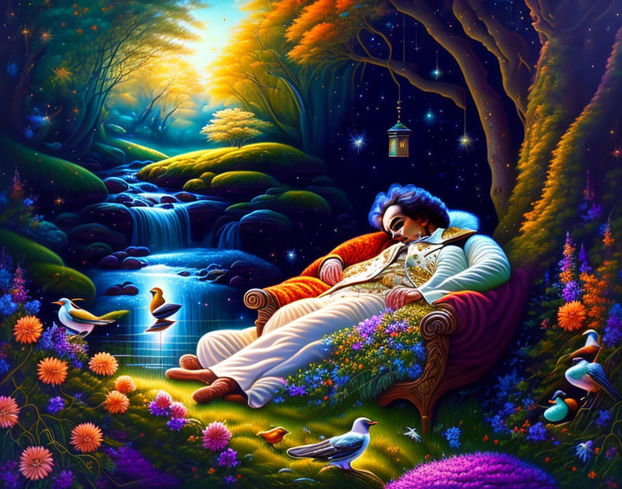 Vibrant fantasy artwork of person sleeping outdoors surrounded by nature