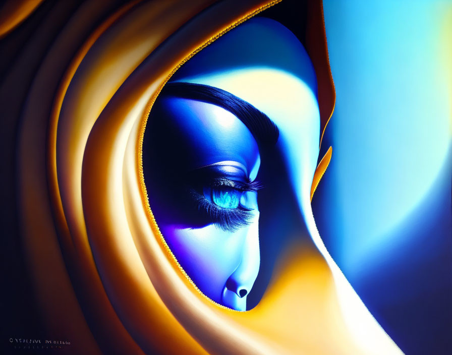 Blue and gold abstract digital art of female face with flowing shapes