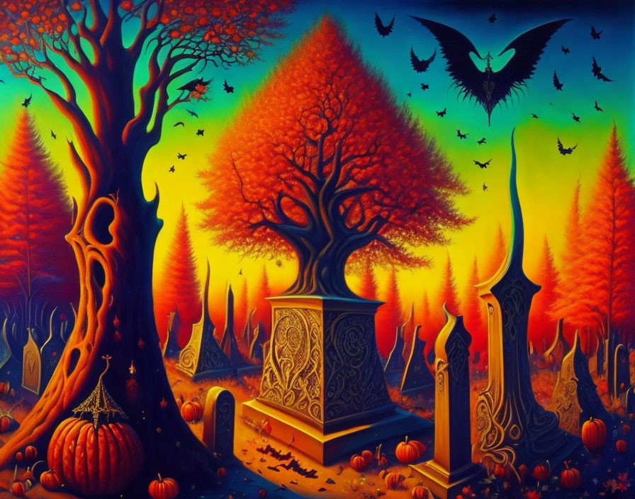 Colorful Halloween-themed artwork with fiery trees, bats, gravestones, and a large pumpkin.