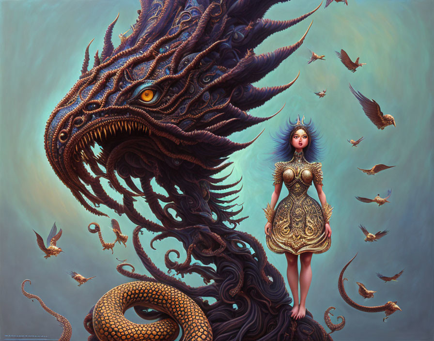 Blue-haired woman faces dragon amidst flying birds on teal background