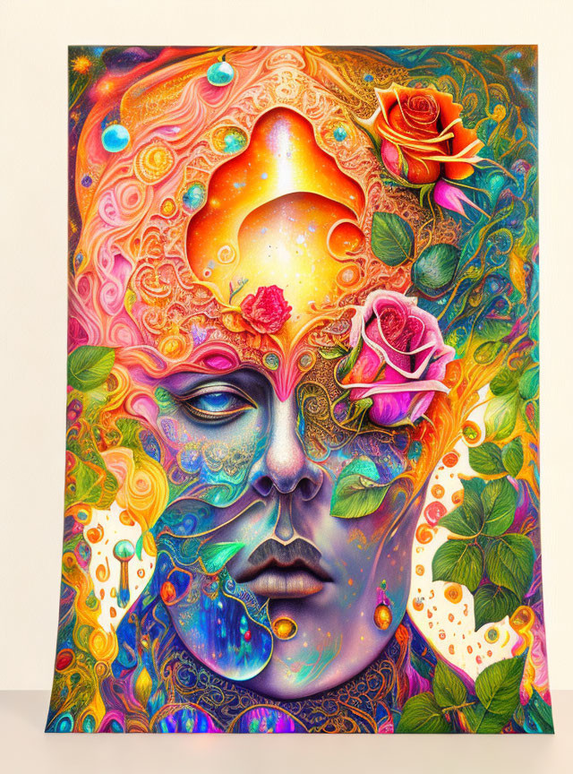 Vibrant Psychedelic Human Profile with Nature and Celestial Elements