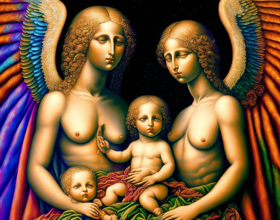 Colorful painting of winged females with infants in serene setting