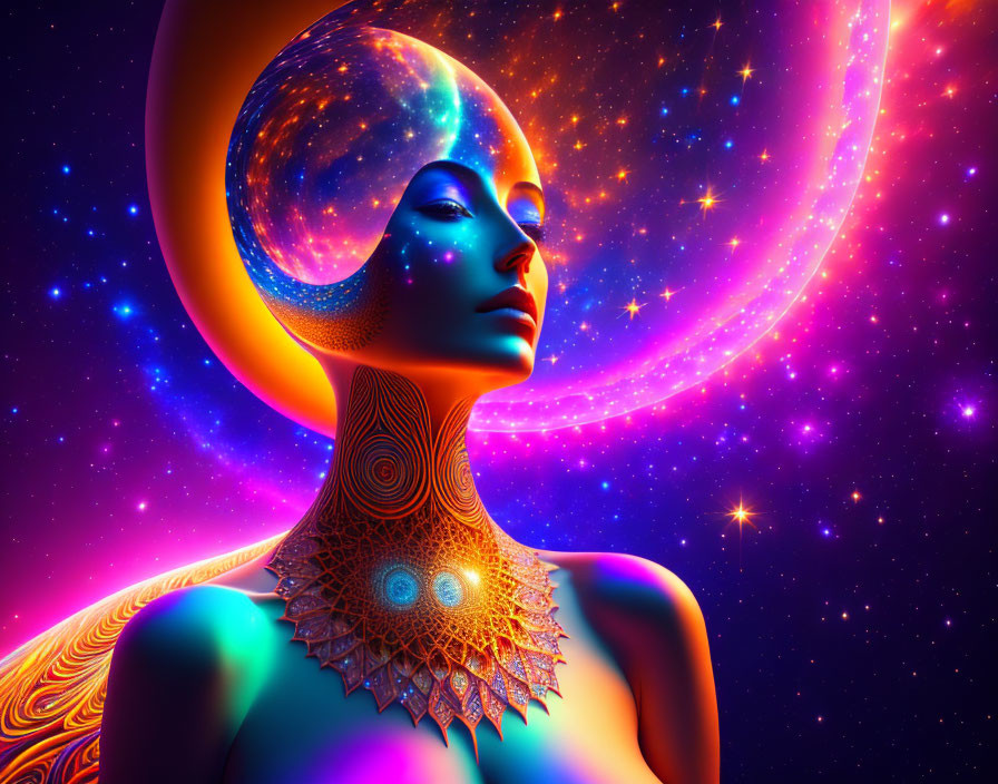 Digital artwork of woman with cosmic features and starry patterns on skin.