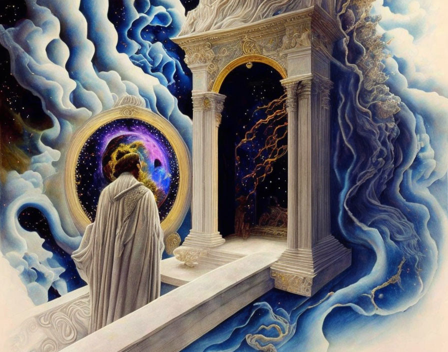 Robed Figure in Front of Grand Archway with Cosmic Portal