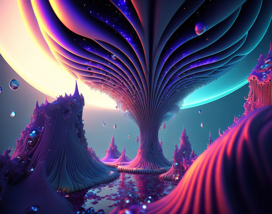 Vibrant surreal alien landscape with purple structures and floating orbs