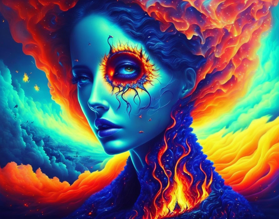 Colorful digital artwork: Woman's face with fiery hair and eyes in swirling backdrop of blues, oranges