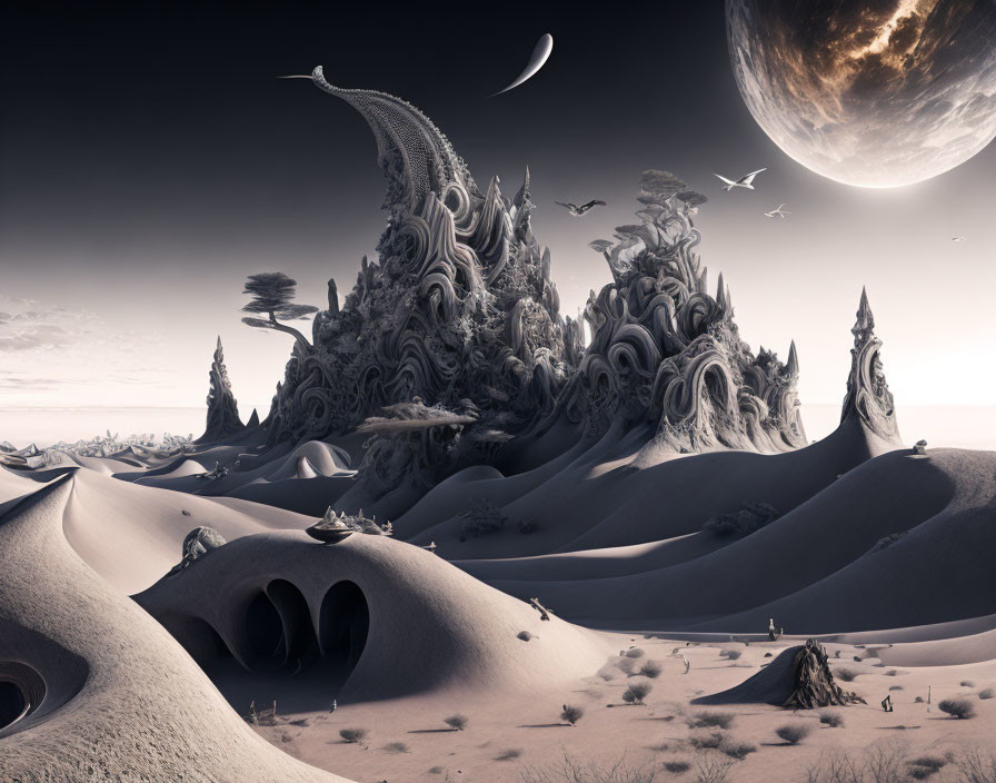 Monochrome surreal landscape with moon, dunes, birds, and human figures