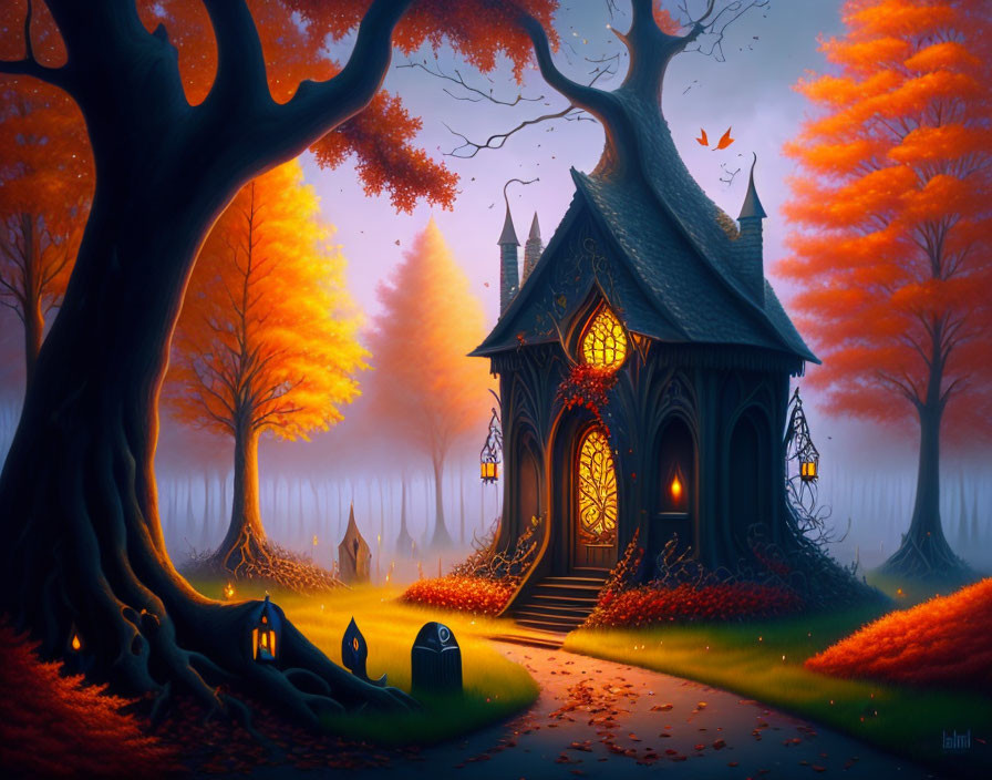 Whimsical cottage in vibrant autumn forest scene