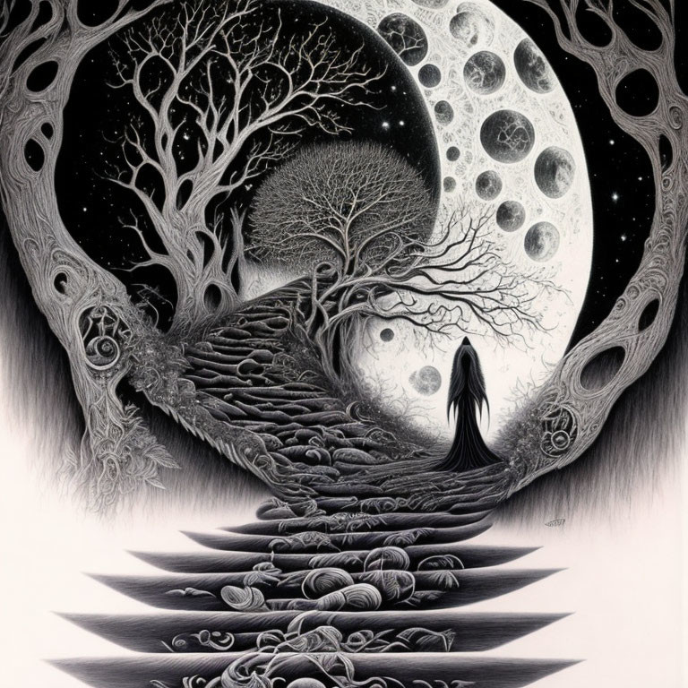 Monochrome artistic illustration of figure by tree in cosmic moon whirl.