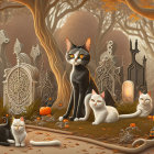 Spooky Halloween illustration with black cats, jack-o'-lanterns, haunted mansion, bats,