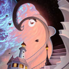 Surreal illustration of lighthouse on staircase with moon and starry sky