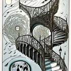 Surreal illustration of intricate staircase with moons and smoke