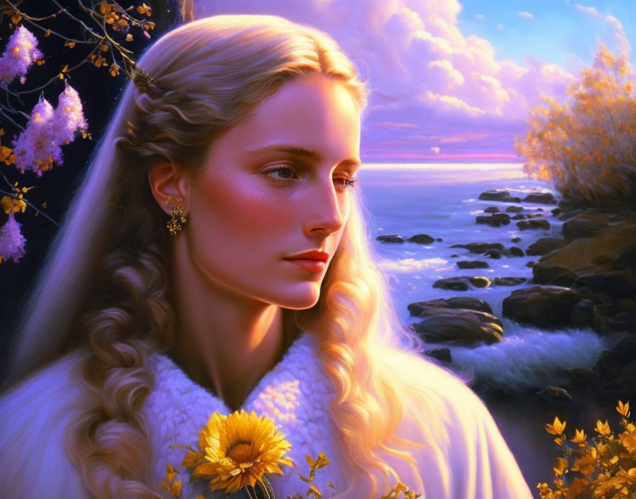 Golden-haired woman by sunset-lit sea with autumnal flowers.